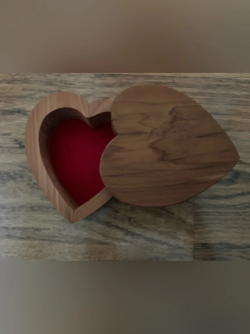 Heart-Shaped Wooden Jewelry Box Red Lining sliding lid mid century boho dainty